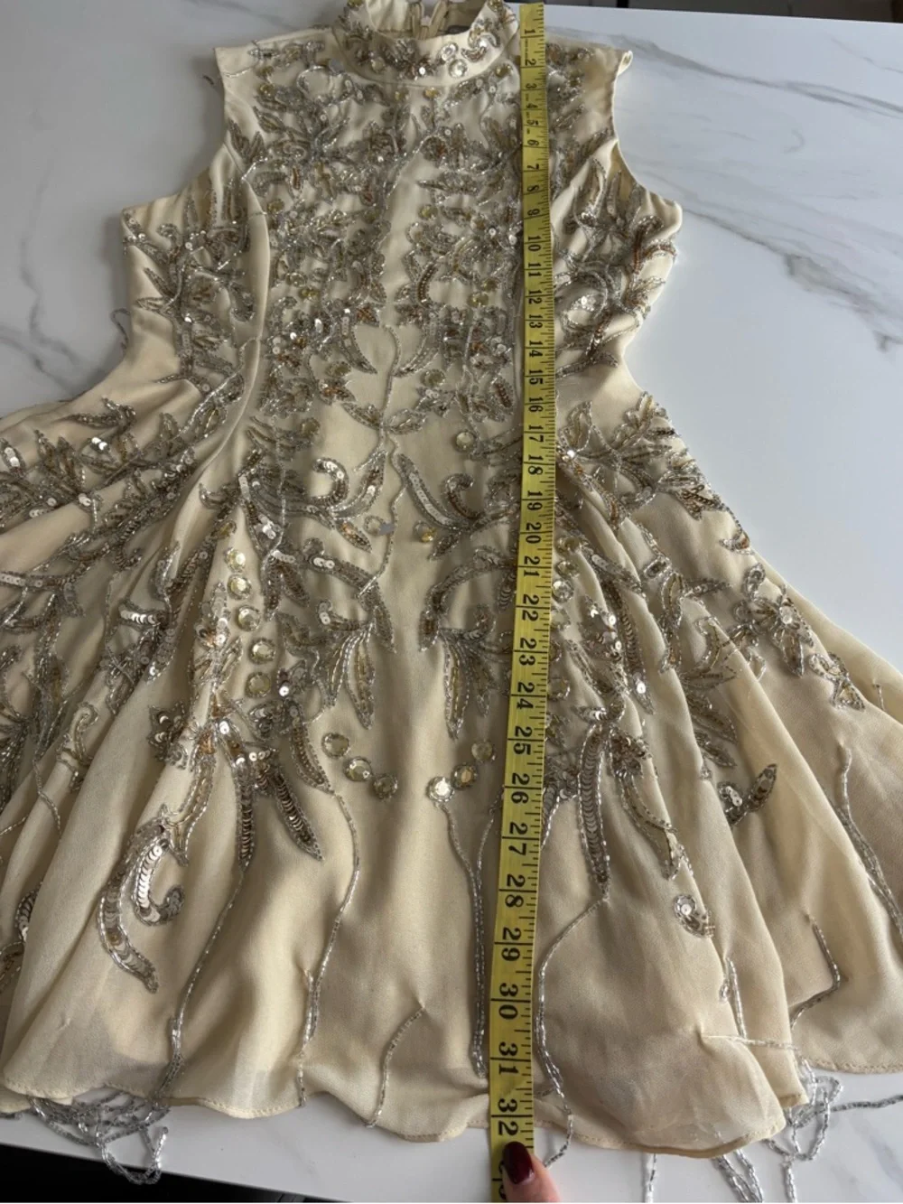 ASOS Cream Mini Dress with Gold Sequin Bead Embroidery Sz 4 - Picture 9 of 14